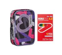 Seven Astuccio Scuola Speed Case, Nero Viola Fucsia, Mono Scomparto Con Plance Amovibili e Penne, Matite, Colori + 12 Pastelli a Colori