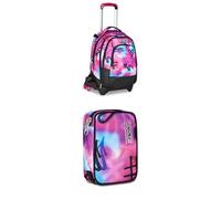 Seven Bundle Zaino Trolley Scuola 3 ruote, azzurro/fucsia + Astuccio Scuola Elementare, 1 Zip, con Matite, Pennarelli, Penne, Speed Pad, Bambina, Ragazza, viola blu