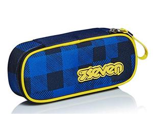 Seven Bustina Ovale Seven, Check, Blu, con Organizer Interno Porta Penne