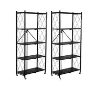 SEVEN COMFORT Scaffalatura pieghevole da 2 pezzi, scaffale pieghevole a 5 ripiani, in metallo con ruote, 100 kg, per cucina, bagno, soggiorno (nero)