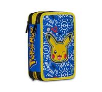 Seven Pokemon Astuccio 3 Zip, Triplo Scomparto, Completo di Matite, Pennarelli, Colori, Accessori Zaino, Elementari, Medie, Superiori, Pikachu, Bambini e Bambine, giallo/blu