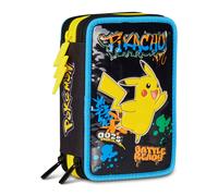 Seven Astuccio Scuola Pokemon 3 Zip, Nero, Portapenne Triplo Scomparto Completo Di Penne, Matite, Colori, Accessori, Scuole Elementari, Bambino