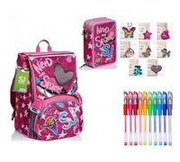 SEVEN. Schoolpack Zaino SJ Gang LEDTECH Girl con Cuore Luminoso Scuola Estensibile Flip System Girl Ragazza Bambina + Astuccio 3 Piani Completo + portachiave con Paillettes e 10 Penne Colorate