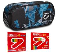 Seven Set Scuola con Astuccio Round Plus e Materiale da Disegno, Kit con 24 Pastelli Mina PRO 4.0 e 18 Pennarelli Punta PRO 3.0, Design Moderno (Blending Blue)