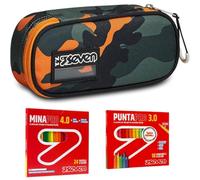 Seven Set Scuola con Astuccio Round Plus e Materiale da Disegno, Kit con 24 Pastelli Mina PRO 4.0 e 18 Pennarelli Punta PRO 3.0, Design Moderno (Camoupix Boy)