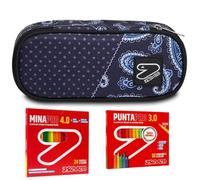 Seven Set Scuola con Astuccio Round Plus e Materiale da Disegno, Kit con 24 Pastelli Mina PRO 4.0 e 18 Pennarelli Punta PRO 3.0, Design Moderno (BLUE CASHMERE)
