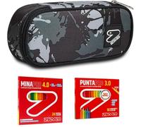 Seven Set Scuola con Astuccio Round Plus e Materiale da Disegno, Kit con 24 Pastelli Mina PRO 4.0 e 18 Pennarelli Punta PRO 3.0, Design Moderno (MIMETIC BROWN)
