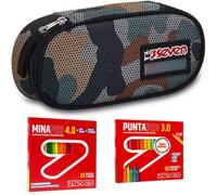 Seven Set Scuola con Astuccio Round Plus e Materiale da Disegno, Kit con 24 Pastelli Mina PRO 4.0 e 18 Pennarelli Punta PRO 3.0, Design Moderno (Military Green)