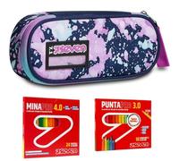 Seven Set Scuola con Astuccio Round Plus e Materiale da Disegno, Kit con 24 Pastelli Mina PRO 4.0 e 18 Pennarelli Punta PRO 3.0, Design Moderno (DRAWINGPIN GIRL)
