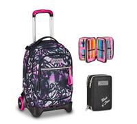 Seven Trolley New Tech, 33 L, Triplo Uso, Doppio Scomparto, Scuola, Bambine, Ragazze, fucsia/nero + Astuccio 3 zip MADE OF STARS, Nero, Effetto brillantini,45 pezzi, Scuola elementare