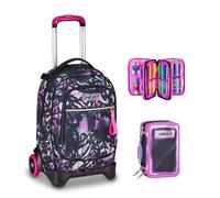 Seven Trolley New Tech, 33 L, Triplo Uso, Doppio Scomparto, Scuola, Bambine, Ragazze, fucsia/nero + Astuccio 3 zip SHADOWS OF COLOR, Nero,45 pezzi, Scuola elementare