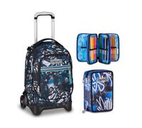 Seven Trolley New Tech, 33 L, Triplo Uso, Zaino Sganciabile, Doppio Scomparto + Astuccio 3 Zip, Completo di Matite, Pennarelli, Colori, Mystic Gray, Bambini e Ragazzi, blu/nero