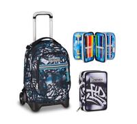 Seven Trolley New Tech, 33 L, Triplo Uso, Zaino Sganciabile, Doppio Scomparto, Bambini e Ragazzi, grigio/nero + Astuccio 3 zip PLUMPY LINE BOY, Nero, 45 pezzi, Completo di penne, matite e colori