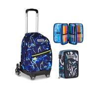 Seven Trolley Scuola Comby 8 Ruote ELECTICVIBE BOY, Blu, 31 L, Uso Zaino, Bambino + Astuccio 3 Zip, Completo di Matite, Pennarelli, Colori, Tyle, grigio/nero