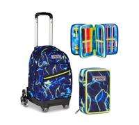 Seven Trolley Scuola Comby 8 Ruote ELECTICVIBE BOY, Blu, 31 L, Uso Zaino, Elementare e media, Bambino + Astuccio 3 zip ELECTRICVIBE BOY, Blu, 45 pezzi, Completo di penne e colori