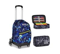 Seven Trolley Scuola Comby 8 Ruote ELECTICVIBE BOY, Blu, 31 L, Uso Zaino, Elementare e media, Bambino + Astuccio Quick Case FREETHINK, Nero, 45 pezzi, Completo di matite e colori
