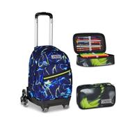 Seven Trolley Scuola Comby 8 Ruote ELECTICVIBE BOY, Blu, 31 L, Uso Zaino, Elementare e media, Bambino + Astuccio Quick Case FREETHINK, Nero, 45 pezzi, Completo di matite e colori