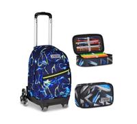 Seven Trolley Scuola Comby 8 Ruote ELECTICVIBE BOY, Blu, 31 L, Uso Zaino, Elementare e media, Bambino + Astuccio Quick Case FREETHINK, Blu, 45 pezzi, Completo di matite e colori