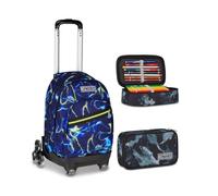 Seven Trolley Scuola Comby 8 Ruote ELECTICVIBE BOY, Blu, 31 L, Uso Zaino, Elementare e media, Bambino + Astuccio Quick Case FREETHINK, Grigio, 45 pezzi, Completo di matite, colori