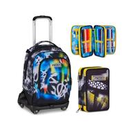 Seven Trolley Scuola Jack 8 Ruote BUZZY NOTE BOY, Multicolore, 34 L, 3 in 1, Elementare, Media, Bambino, Ragazzo + Astuccio 3 zip GOLDEN PAINT, Nero, 45 pezzi, Completo di penne e colori
