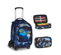 Seven Trolley Scuola Jack 8 Ruote Detach BLU FUSION, Blu, 43 L, 4 in 1, Elementare, Media, Bambini, Ragazzi + Astuccio Quick Case 45 pezzi, Completo di matite e colori