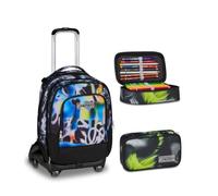 Seven Trolley Scuola Jack 8 Ruote Detach BUZZY NOTE BOY, Multicolor, 43 L, 4 in 1, Elementare, Media, Bambini, Ragazzi + Astuccio Quick Case FREETHINK, Nero, 45 pezzi, Completo di matite e colori