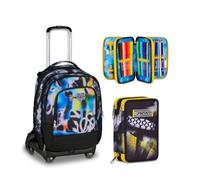 Seven Trolley Scuola Jack 8 Ruote Detach BUZZY NOTE BOY, Multicolor, 43 L, 4 in 1, Elementare, Media, Bambini, Ragazzi + Astuccio 3 zip GOLDEN PAINT, Nero, 45 pezzi, Completo di penne, matite e colori
