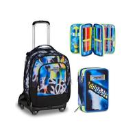 Seven Trolley Scuola Jack 8 Ruote Detach BUZZY NOTE BOY, Multicolor, 43 L, 4 in 1, Elementare, Media, Bambini, Ragazzi + Astuccio 3 zip BLU FUSION, Blu, 45 pezzi, Completo di matite penne e matite