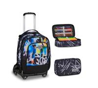 Seven Trolley Scuola Jack 8 Ruote Detach BUZZY NOTE BOY, Multicolor, 43 L, 4 in 1, Elementare, Media, Bambini, Ragazzi + Astuccio Quick Case FREETHINK, Nero, 45 pezzi, Completo di matite e colori