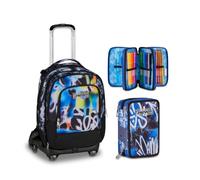 Seven Trolley Scuola Jack 8 Ruote Detach BUZZY NOTE BOY, Multicolor, 43 L, Elementare, Media, Bambini, Ragazzi + Astuccio 3 Zip, Completo di Matite, Colori, Mystic Gray, blu/nero
