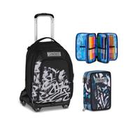 Seven Trolley Scuola Jack 8 Ruote Detach PLUMPY LINE BOY, Nero, 43 L, 4 in 1, Elementare, Media, Bambini, Ragazzi + Astuccio 3 Zip, Completo di Matite, Pennarelli, grigio/nero