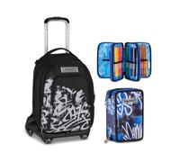 Seven Trolley Scuola Jack 8 Ruote Detach PLUMPY LINE BOY, Nero, 43 L, Elementare e media, Bambini, Ragazzi + Astuccio 3 Zip, Completo di Matite, Pennarelli, Mystic Gray, blu/nero