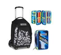 Seven Trolley Scuola Jack 8 Ruote Detach PLUMPY LINE BOY, Nero, 43 L, Elementare, Media, Bambini + Astuccio 3 zip BLU FUSION, Blu, 45 pezzi, Completo di matite penne e colori