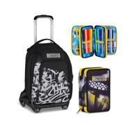 Seven Trolley Scuola Jack 8 Ruote Detach PLUMPY LINE BOY, Nero, 43 L, Elementare, Media, Bambini, Ragazzi + Astuccio 3 zip GOLDEN PAINT, Nero, 45 pezzi, Completo di penne, colori