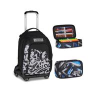 Seven Trolley Scuola Jack 8 Ruote Detach PLUMPY LINE BOY, Nero, 43L, Elementare, Media, Bambini, Ragazzi + Astuccio Quick Case FREETHINK, Blu, 45 pezzi, Completo di matite, colori