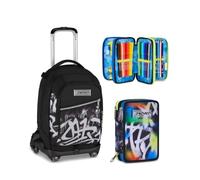 Seven Trolley Scuola Jack 8 Ruote PLUMPY LINE BOY, Nero, 34 L, 3 in 1, Elementare, Media, Bambini e ragazzi + Astuccio 3 zip BUZZY NOTE BOY, Multicolore, 45 pezzi, Completo di penne, matite e colori