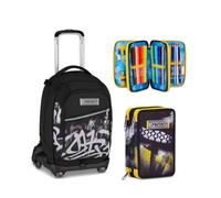 Seven Trolley Scuola Jack 8 Ruote PLUMPY LINE BOY, Nero, 34 L, Elementare, Media, Bambini e ragazzi + Astuccio 3 zip GOLDEN PAINT, Nero, 45 pezzi, Completo di penne, matite e colori