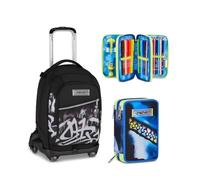 Seven Trolley Scuola Jack 8 Ruote PLUMPY LINE BOY, Nero, 34 L, Elementare, Media, Bambini e ragazzi + Astuccio 3 zip BLU FUSION, Blu, 45 pezzi, Completo di matite penne, matite e colori