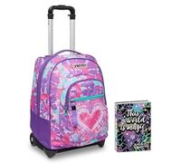 Seven Trolley Scuola, Trendy Heart Girl, Multicolore, 2 in 1, Spallacci Uso Zaino, Cross-Over System, Scuola e Viaggio + Seven Diario 12 Mesi, Nero, Ragazza