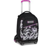 Seven Trolley Sganciabile Jack 3 Wheeled, Zaino Scuola Elementare e Media, Tre Ruote per Scalini, Tasca Porta Borraccia, Street Art Graffiti Cuori, Nero e Fucsia + kit penne e portachiave paillettes