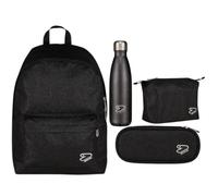 Seven® Zaino Americano Tech Shiny, Set con Borraccia 500ml, Portapenne e Trousse, Finitura Brillantinata (Nero)