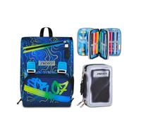 Seven Zaino Doppio Scomparto Estensibile Seven, Blu, Schienale Preformato, Bambino Scuola +Astuccio 3 zip SHADOWS OF COLOR, Nero, 45 pezzi, Pratiche chiusure con zip, Scuola elementare, Bambini