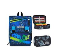 Seven Zaino Doppio Scomparto Estensibile Seven, Blu, Schienale Preformato, Bambino Scuola +Astuccio Quick Case FREETHINK,45 pezzi, Completo di matite, Penne e colori, Scuola elementare e media
