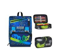 Seven Zaino Doppio Scomparto Estensibile Seven, Blu, Schienale Preformato, Bambino Scuola +Astuccio Quick Case FREETHINK, Nero, 45 pezzi, Completo di matite, Penne e colori, Scuola elementare e media