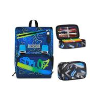 Seven Zaino Doppio Scomparto Estensibile Seven, Blu, Schienale Preformato,Bambino Scuola +Astuccio Quick Case FREETHINK, Blu, 45 pezzi, Completo di matite, Penne e colori, Scuola elementare e media