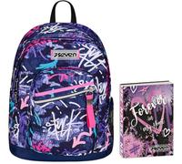 Seven Zaino Doppio Scomparto New Fit, GraffitiMix, Viola, Maxi Capienza, Schienale Preformato, Scuola e Viaggio + Seven Diario 12 Mesi, Viola, Ragazza