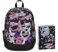 Seven Zaino Scuola Advanced, Nero Fucsia, Draft Heart, Doppio Scomparto, Tasca Porta PC, Scuole Medie e Superiori + Seven Diario 12 Mesi, Nero, Ragazza