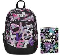 Seven Zaino Scuola Advanced, Nero Fucsia, Draft Heart, Doppio Scomparto, Tasca Porta PC, Scuole Medie e Superiori + Seven Diario 12 Mesi, Nero, Ragazza