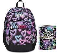 Seven Zaino Scuola Advanced Plus, Nero, Brilliant Heart, Doppio Scomparto Cinghia, Tasca Frontale con Organizer, Scuola + Seven Diario 12 Mesi, Nero, Ragazza