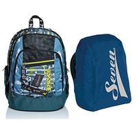Seven Zaino Scuola ADVANCED URBAN ROCK, Blu Jeans, Doppio Scomparto + Coprizaino Antipioggia Impermeabile